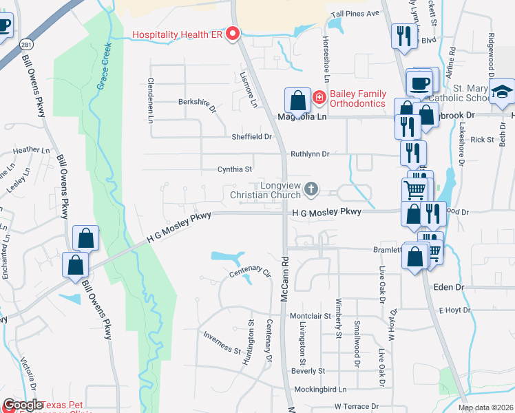 map of restaurants, bars, coffee shops, grocery stores, and more near 24 Palisades Boulevard in Longview