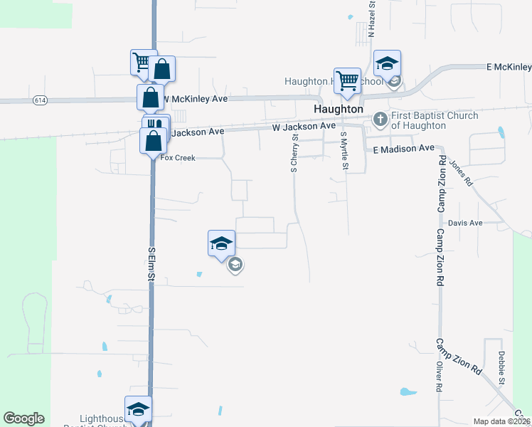 map of restaurants, bars, coffee shops, grocery stores, and more near 612 Alex Way in Haughton