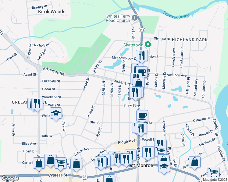 map of restaurants, bars, coffee shops, grocery stores, and more near 2622 N 10th St in West Monroe