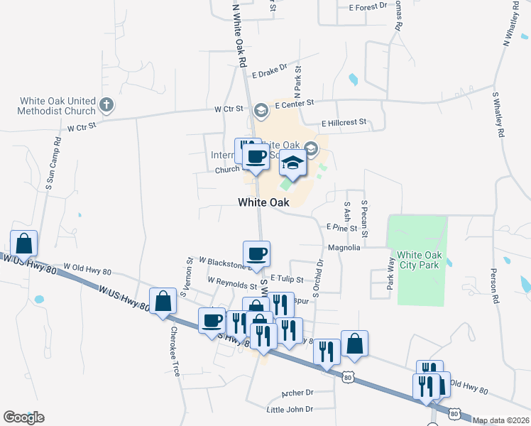 map of restaurants, bars, coffee shops, grocery stores, and more near in White Oak