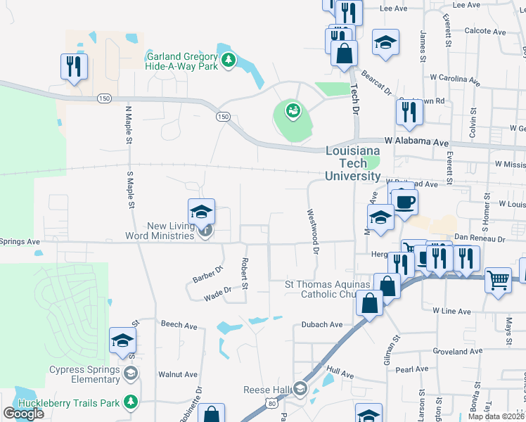 map of restaurants, bars, coffee shops, grocery stores, and more near 318 University Street in Ruston