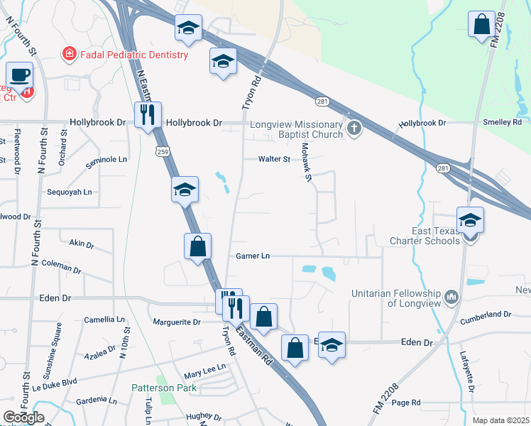 map of restaurants, bars, coffee shops, grocery stores, and more near 1799 Shawnee Drive in Longview