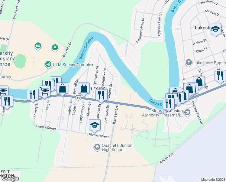 map of restaurants, bars, coffee shops, grocery stores, and more near 1228 Highway 134 in Monroe