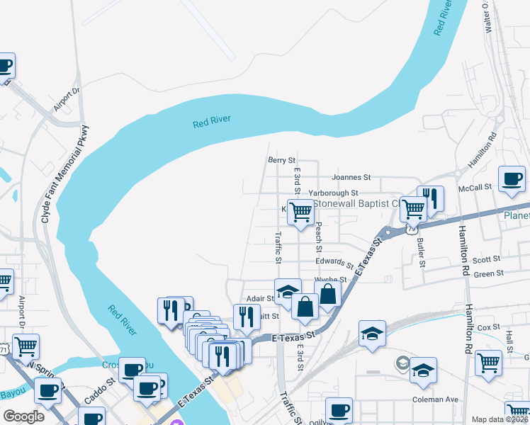 map of restaurants, bars, coffee shops, grocery stores, and more near 206 Kelly Street in Bossier City