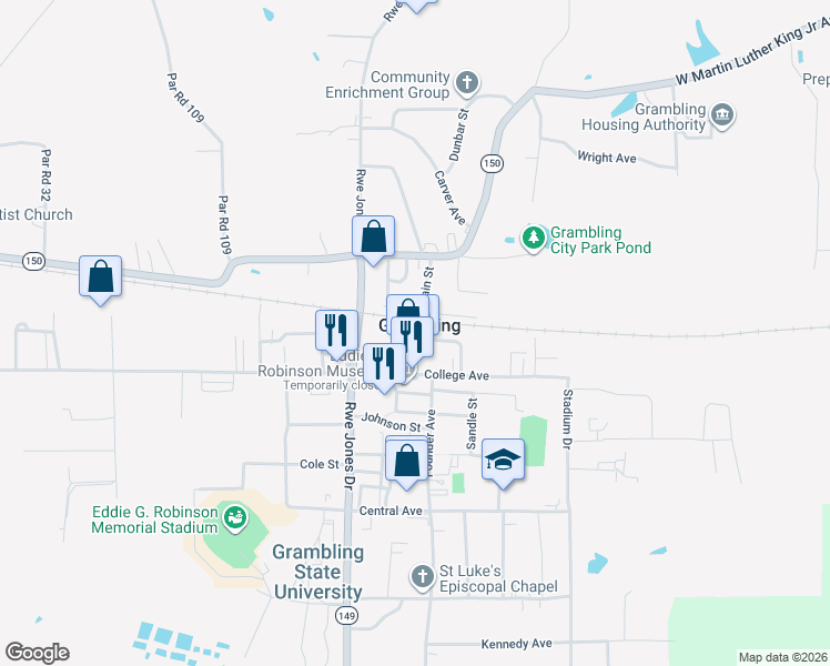 map of restaurants, bars, coffee shops, grocery stores, and more near in Grambling