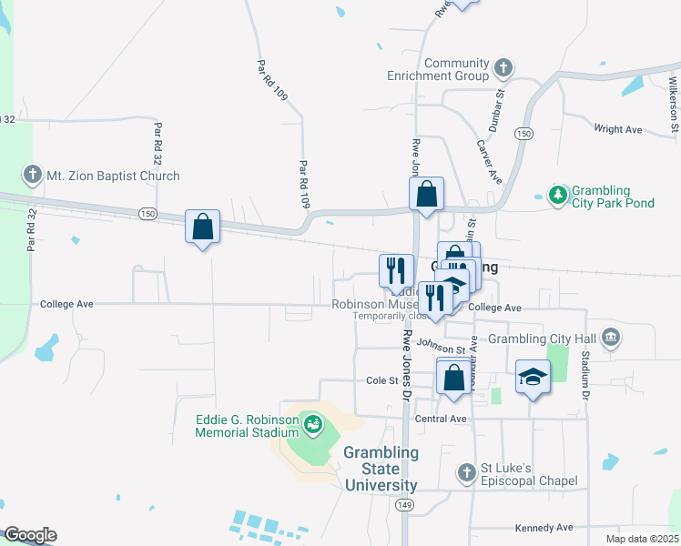 map of restaurants, bars, coffee shops, grocery stores, and more near 156 Simsboro Avenue in Grambling