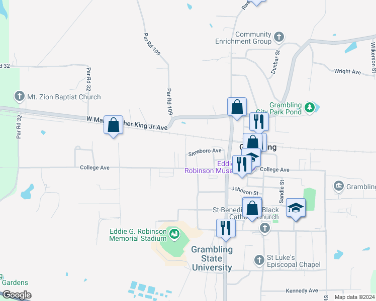map of restaurants, bars, coffee shops, grocery stores, and more near 156 Simsboro Avenue in Grambling