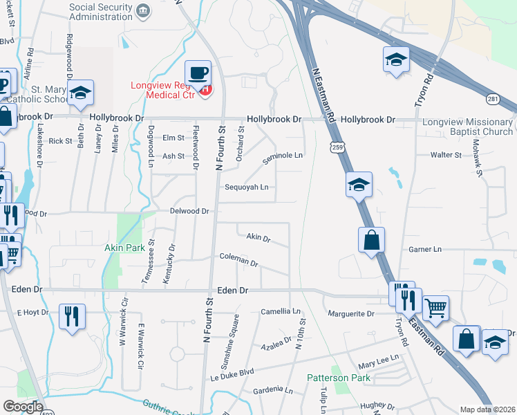map of restaurants, bars, coffee shops, grocery stores, and more near 1006 Coushatta Trail in Longview