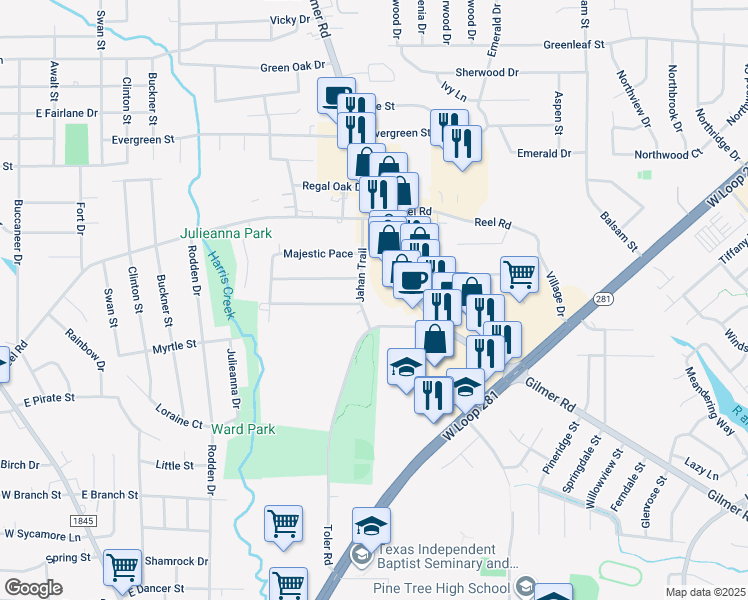 map of restaurants, bars, coffee shops, grocery stores, and more near 2133 Gilmer Road in Longview