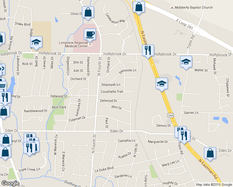 map of restaurants, bars, coffee shops, grocery stores, and more near 1006 Coushatta Trail in Longview