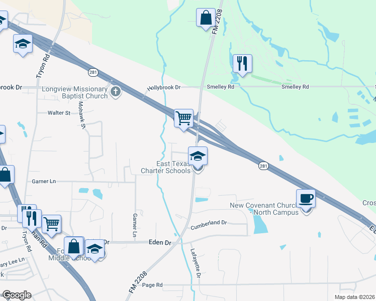 map of restaurants, bars, coffee shops, grocery stores, and more near 1823 Flagstone Drive in Longview