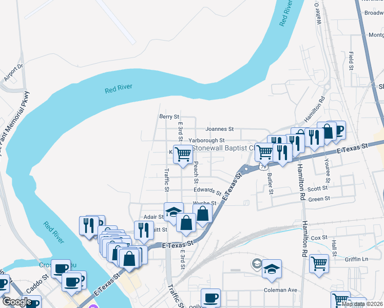 map of restaurants, bars, coffee shops, grocery stores, and more near 424 Kelly Street in Bossier City