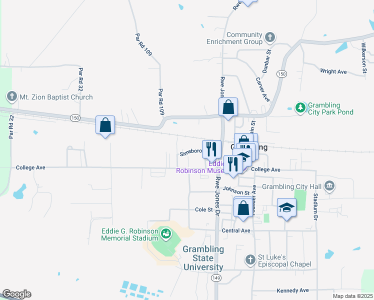 map of restaurants, bars, coffee shops, grocery stores, and more near 156 Simsboro Avenue in Grambling