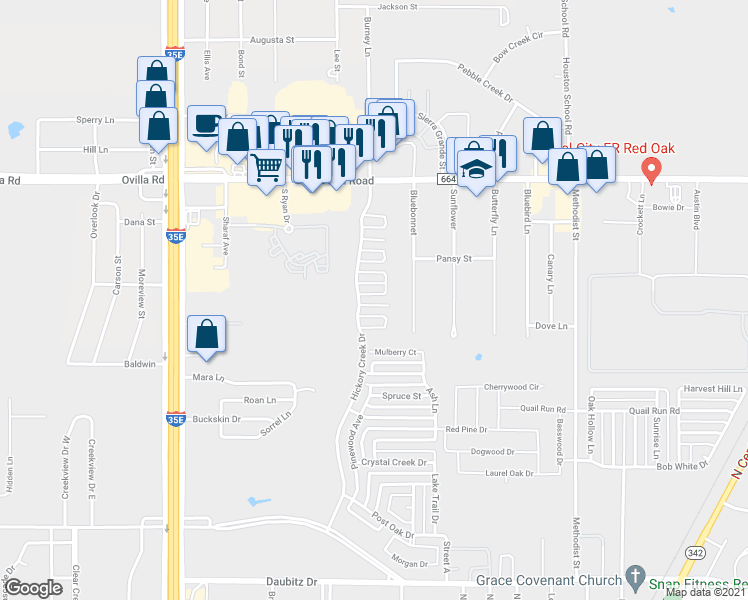 map of restaurants, bars, coffee shops, grocery stores, and more near 504 Cypress Court in Red Oak
