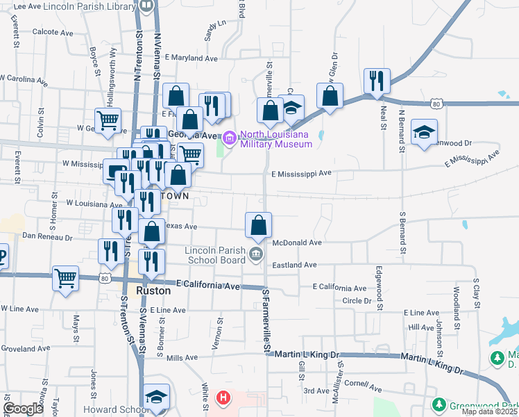 map of restaurants, bars, coffee shops, grocery stores, and more near 105 South Farmerville Street in Ruston