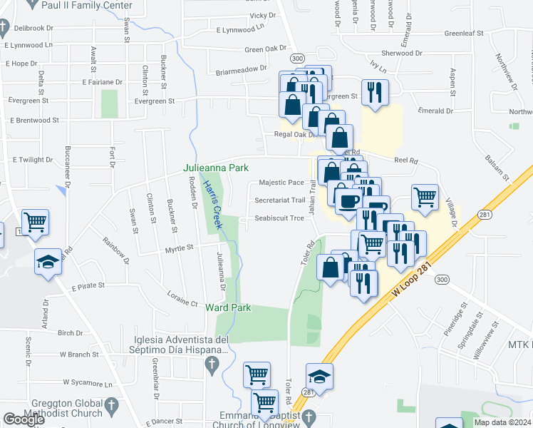 map of restaurants, bars, coffee shops, grocery stores, and more near 2007 Seabiscuit Trace in Longview