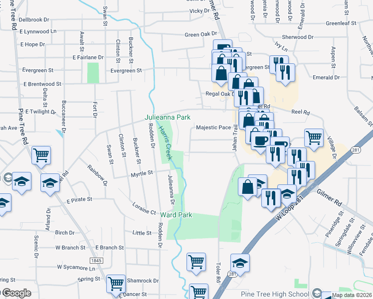 map of restaurants, bars, coffee shops, grocery stores, and more near 2003 Seabiscuit Trace in Longview