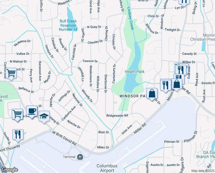 map of restaurants, bars, coffee shops, grocery stores, and more near 5812 Sherborne Drive in Columbus