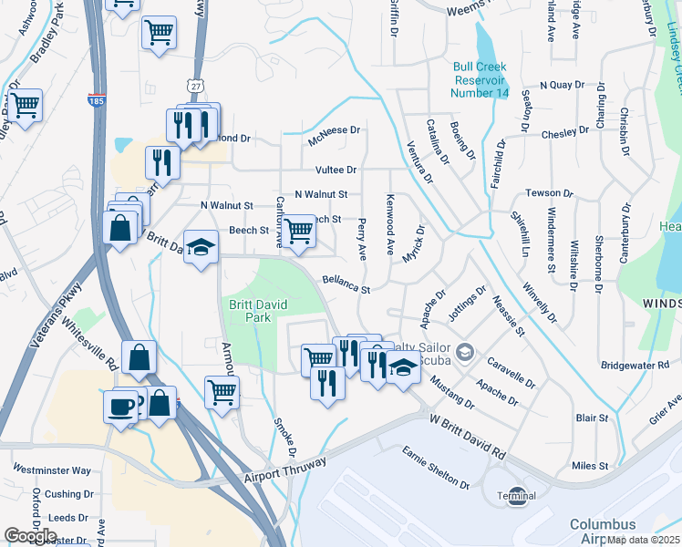 map of restaurants, bars, coffee shops, grocery stores, and more near 2925 Bellanca Street in Columbus
