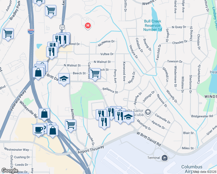 map of restaurants, bars, coffee shops, grocery stores, and more near 2925 Bellanca Street in Columbus