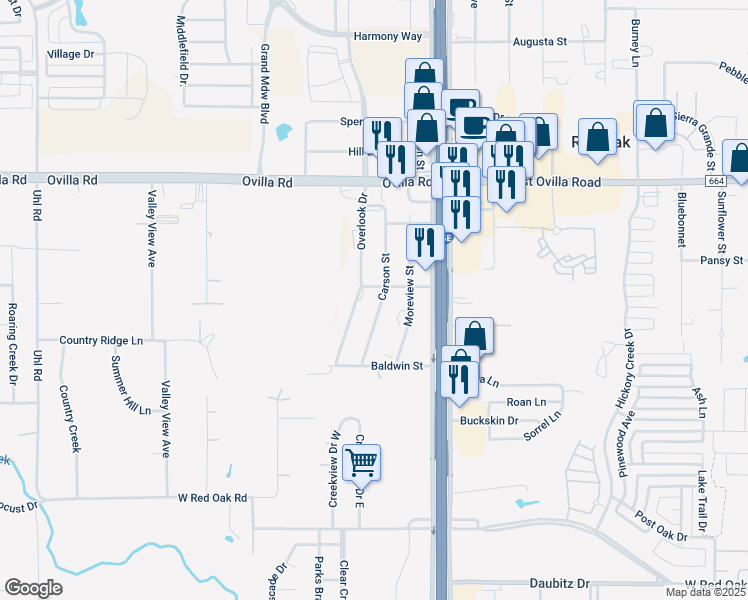 map of restaurants, bars, coffee shops, grocery stores, and more near 302 Carson St in Red Oak