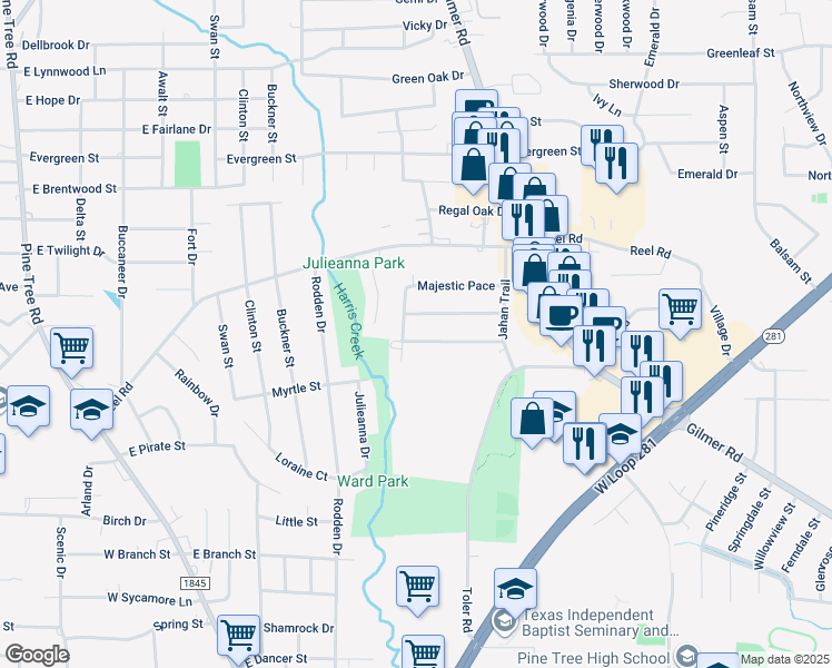 map of restaurants, bars, coffee shops, grocery stores, and more near 2003 Seabiscuit Trace in Longview