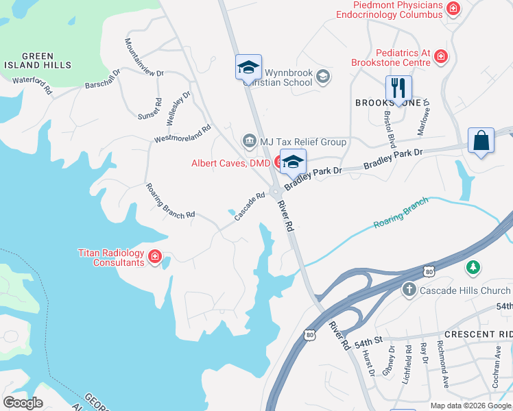 map of restaurants, bars, coffee shops, grocery stores, and more near 6 Cascade Road in Columbus