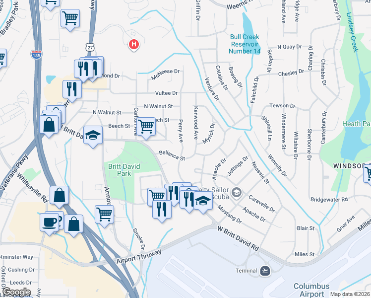 map of restaurants, bars, coffee shops, grocery stores, and more near 5618 Perry Avenue in Columbus