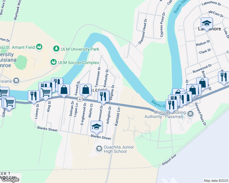 map of restaurants, bars, coffee shops, grocery stores, and more near 111 Virginia St in Monroe