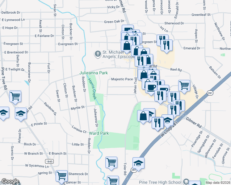 map of restaurants, bars, coffee shops, grocery stores, and more near 2003 Seabiscuit Trace in Longview