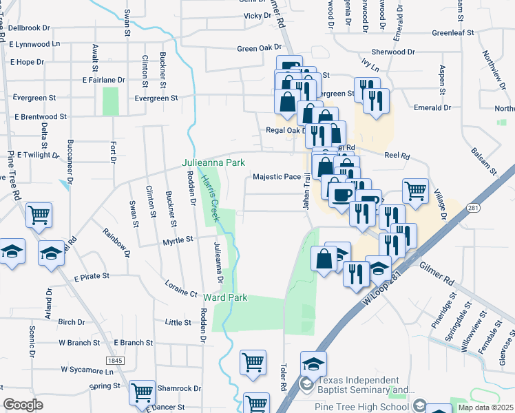 map of restaurants, bars, coffee shops, grocery stores, and more near 2003 Seabiscuit Trace in Longview