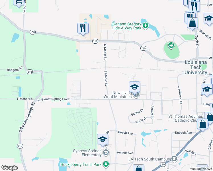 map of restaurants, bars, coffee shops, grocery stores, and more near 225 South Maple Street in Ruston