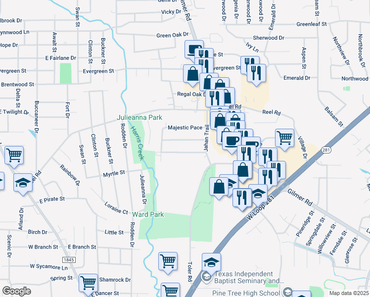 map of restaurants, bars, coffee shops, grocery stores, and more near 2013 Seabiscuit Trace in Longview