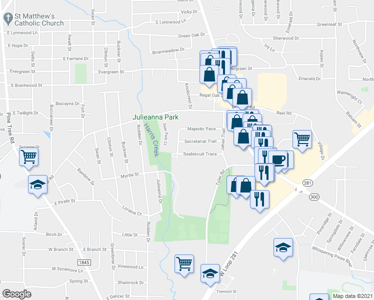 map of restaurants, bars, coffee shops, grocery stores, and more near 2005 Seabiscuit Trce in Longview