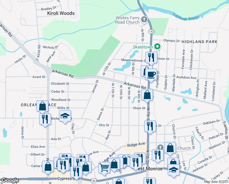 map of restaurants, bars, coffee shops, grocery stores, and more near 2626 North 11th Street in West Monroe