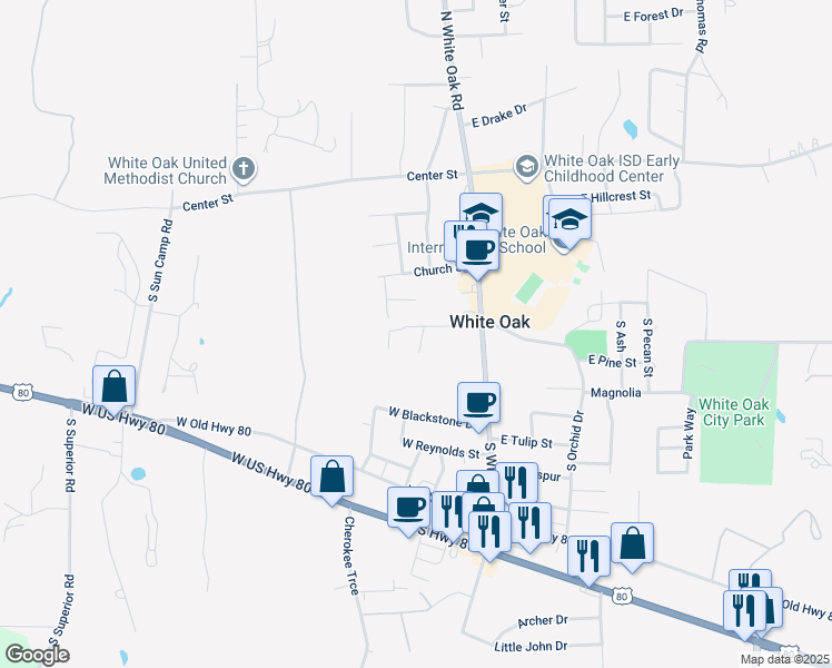 map of restaurants, bars, coffee shops, grocery stores, and more near 204 West Bingham Road in White Oak