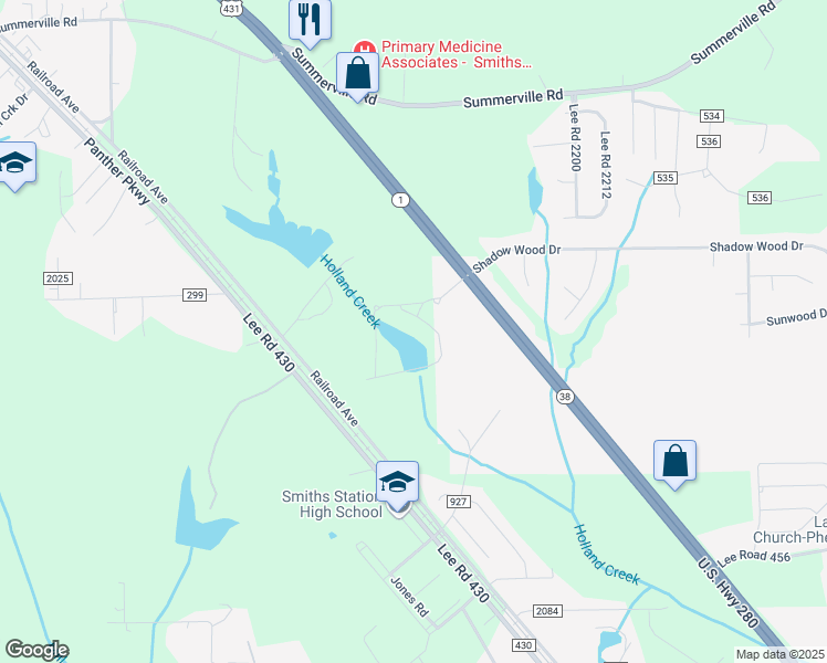 map of restaurants, bars, coffee shops, grocery stores, and more near 19707 U.S. 280 in Smiths Station