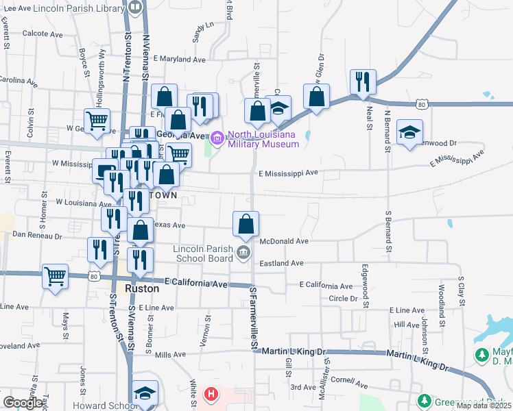 map of restaurants, bars, coffee shops, grocery stores, and more near 105 South Farmerville Street in Ruston