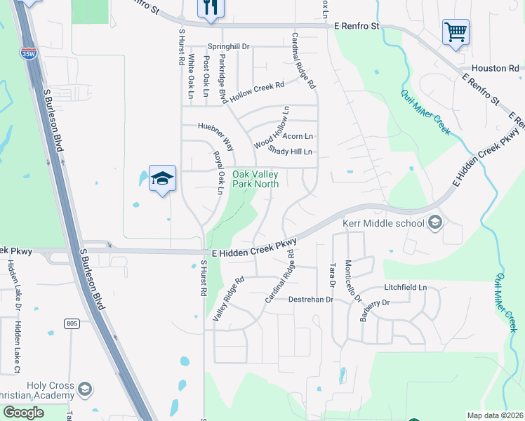 map of restaurants, bars, coffee shops, grocery stores, and more near 830 Valley Terrace Road in Burleson