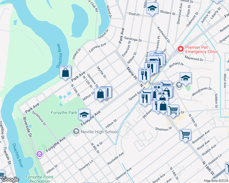 map of restaurants, bars, coffee shops, grocery stores, and more near 1318 Spencer Avenue in Monroe