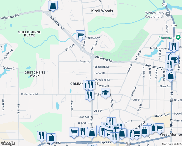 map of restaurants, bars, coffee shops, grocery stores, and more near 1529 Cedar Street in West Monroe