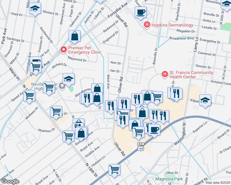 map of restaurants, bars, coffee shops, grocery stores, and more near 2209 Elizabeth Street in Monroe