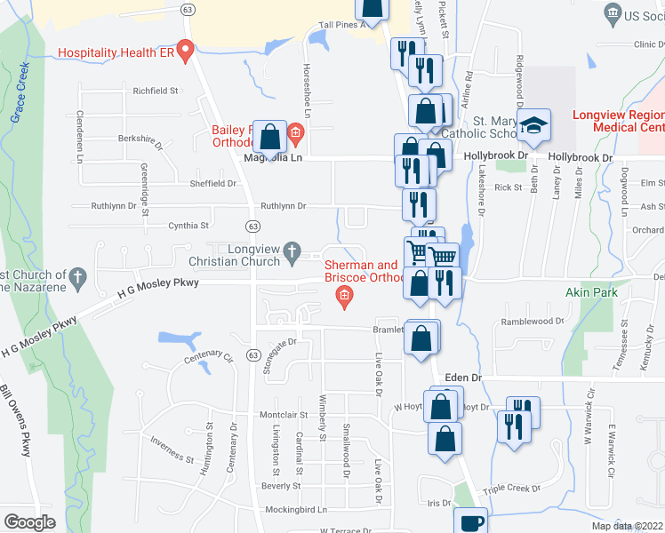 map of restaurants, bars, coffee shops, grocery stores, and more near 417 Hampton Court in Longview