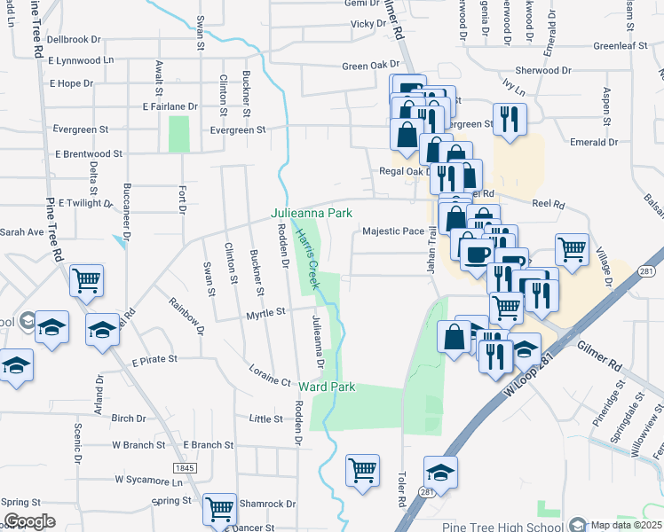 map of restaurants, bars, coffee shops, grocery stores, and more near 1022 Deer Park Ct in Longview