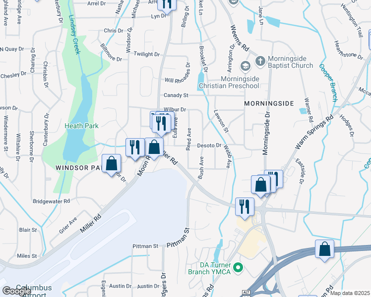 map of restaurants, bars, coffee shops, grocery stores, and more near 4046 Desoto Drive in Columbus