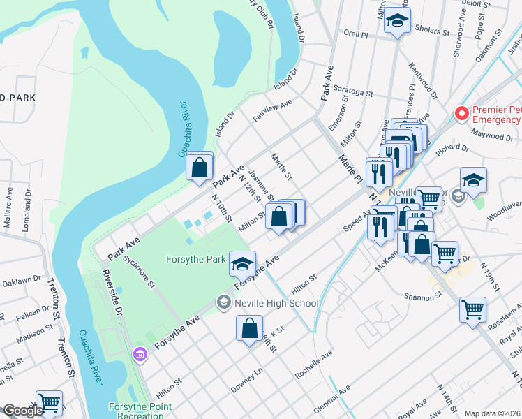 map of restaurants, bars, coffee shops, grocery stores, and more near 1015 Milton St in Monroe