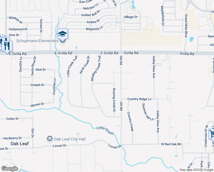map of restaurants, bars, coffee shops, grocery stores, and more near 606 Shallow Creek Drive in Red Oak