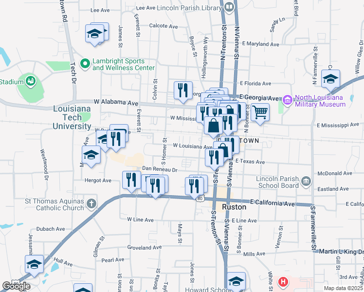 map of restaurants, bars, coffee shops, grocery stores, and more near 329-399 West Louisiana Avenue in Ruston