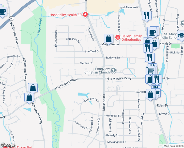 map of restaurants, bars, coffee shops, grocery stores, and more near 24 Palisades Boulevard in Longview