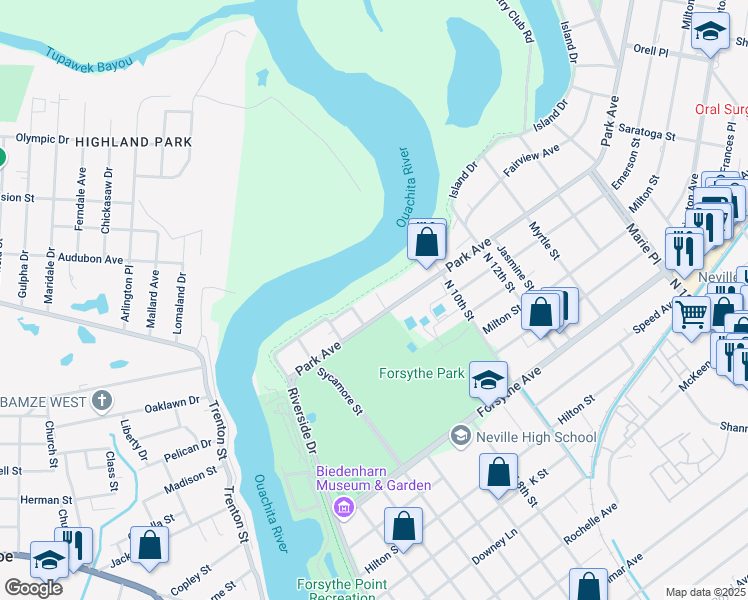 map of restaurants, bars, coffee shops, grocery stores, and more near 107 Poplar Street in Monroe